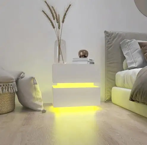 White Color High Glossy 2 Drawers Bedside Table With RGB Led Light Nightstand With Bluetooth Control