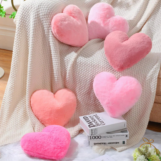 Liliful 6 Pcs Faux Rabbit Fur Heart Pillow Valentines Day Fluffy Heart Throw Pillows Cute Couch Pillows Soft Throw Cushion Decorative Pillows for Bed Sofa Girls Women(12 x 11 InchPink Series)